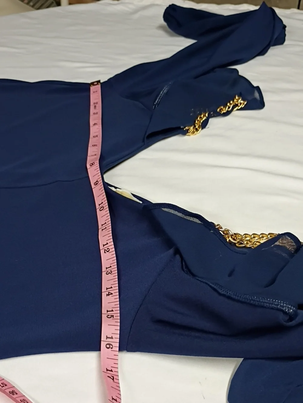 Michael Kors Ruffle Cold Shoulder Gold Chain Top Navy Blue Size S